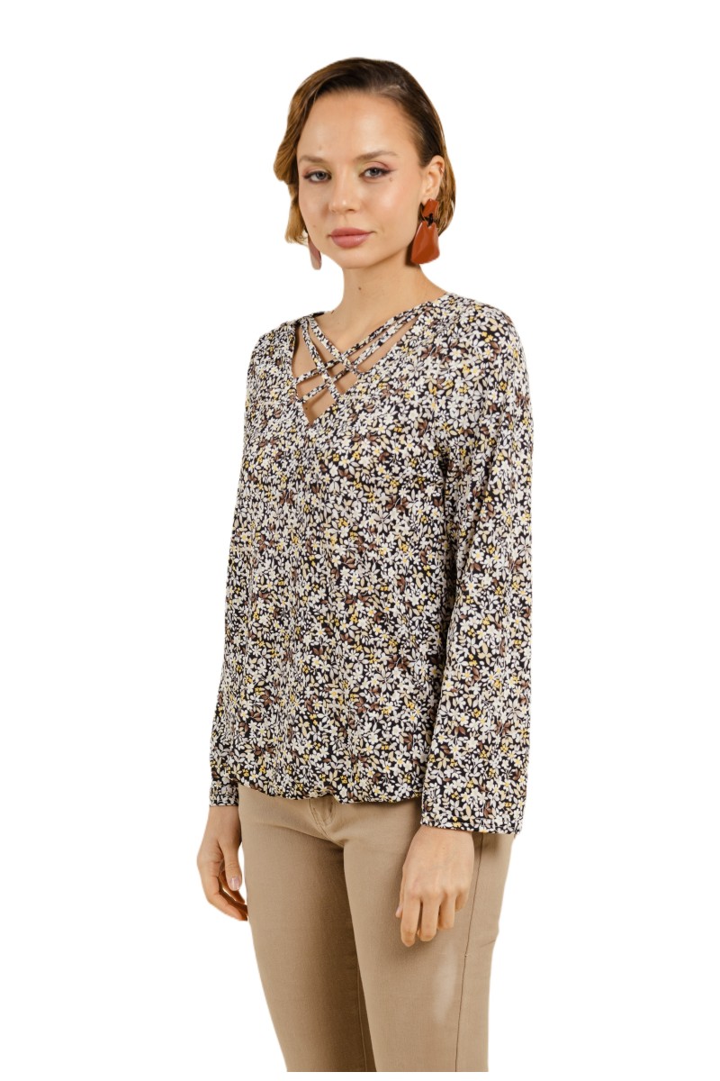 Top texturé col croisé avec lacets
