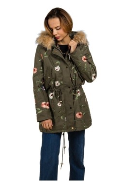 Manteau brodé de fleurs avec capuche en fourrure